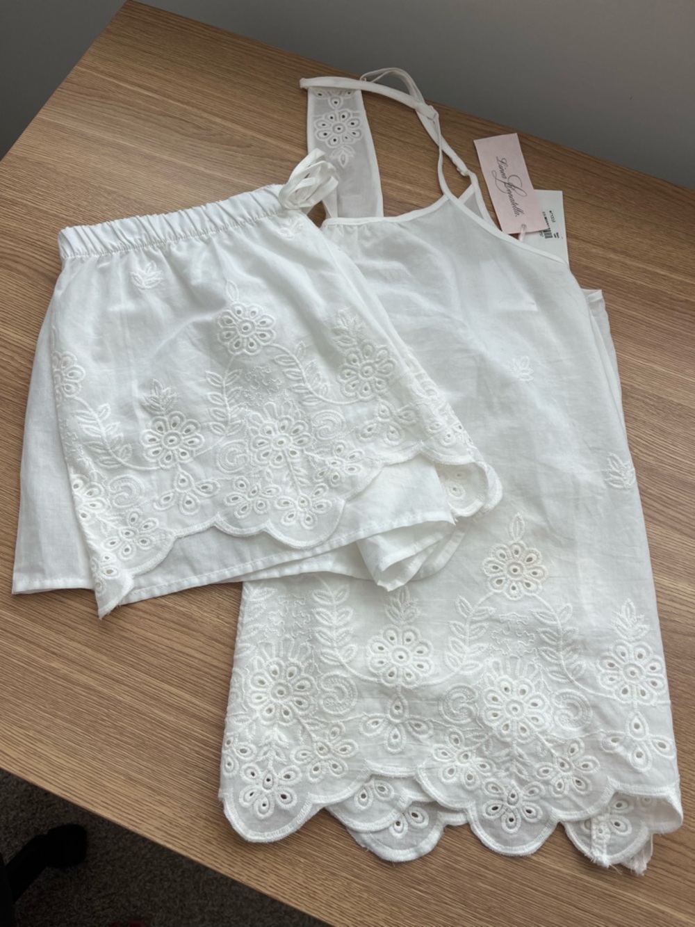 Coquette OffWhite Eyelet Pajama Set Bridal Lace Cami Shorts Cottagecore M Cotton